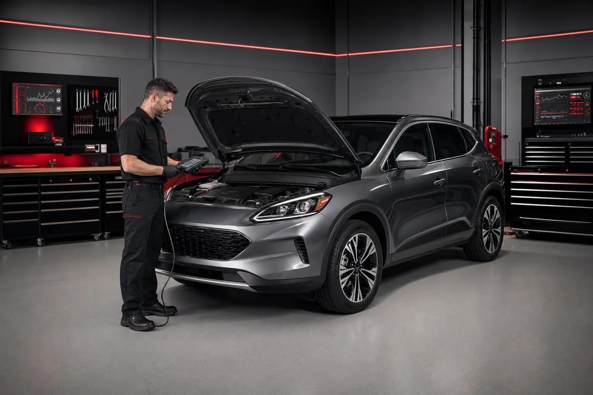 Technician scanning a silver crossover in a diagnostic bay