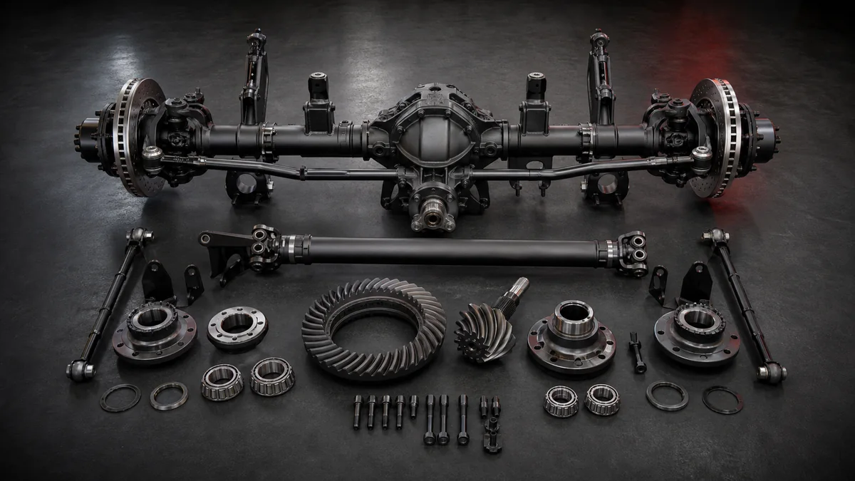 Axle, differential housing, ring gear, and pinion components arranged for drivetrain fitment planning