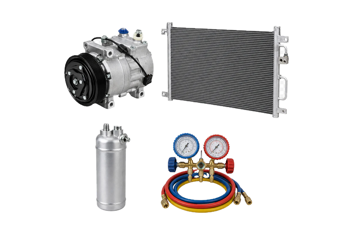 Representative automotive air conditioning compressor, condenser, drier, and service gauges