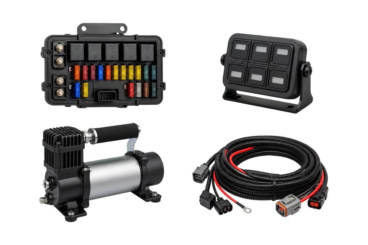 Representative auxiliary power panel, switch controller, air compressor, and wiring harness