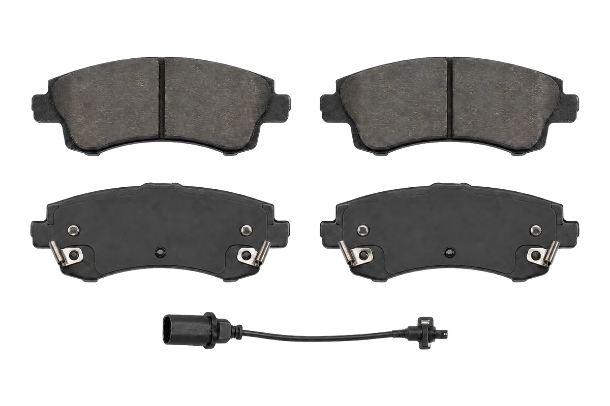 Representative automotive brake pad set with retaining clips and wear sensor