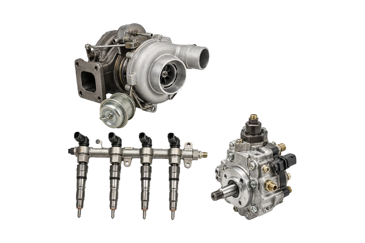 Representative light-duty diesel turbocharger, injectors, fuel rail, and high-pressure pump