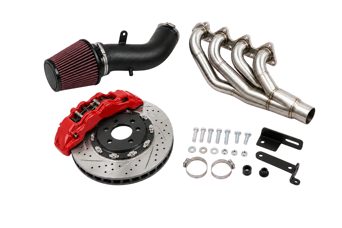 Representative intake, exhaust header, brake upgrade, and installation hardware