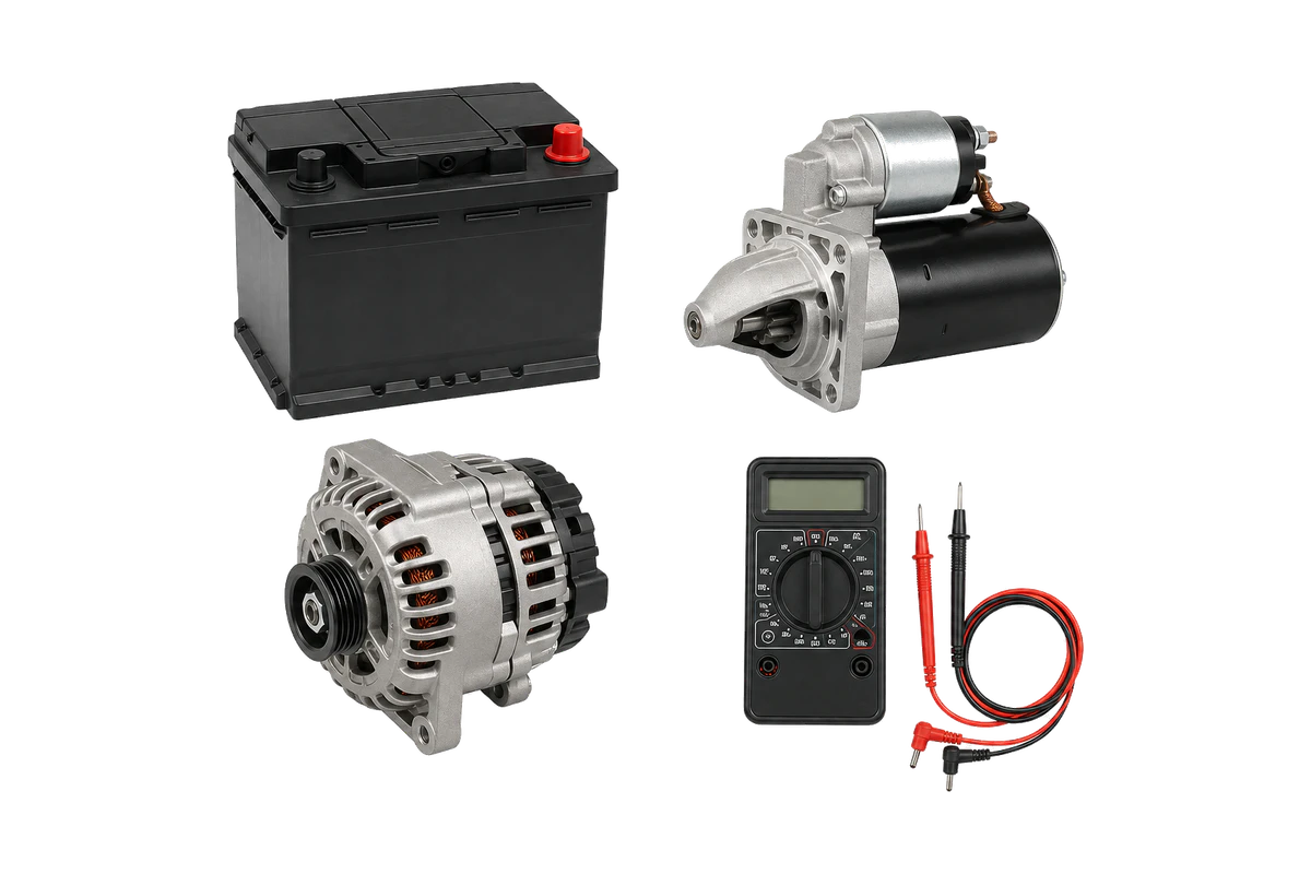 Representative battery, starter, alternator, and multimeter for starting and charging service