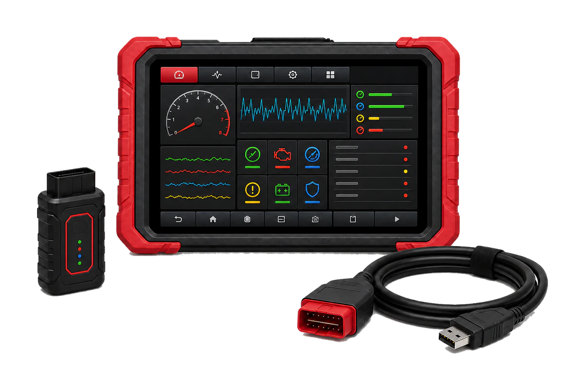 Representative professional automotive diagnostic tablet, vehicle interface, and OBD cable