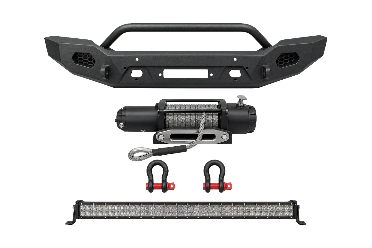 Representative off-road bumper, winch, recovery shackles, and LED light bar