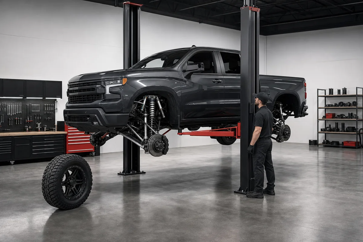 Graphite off-road pickup and suspension components in a bright inspection studio