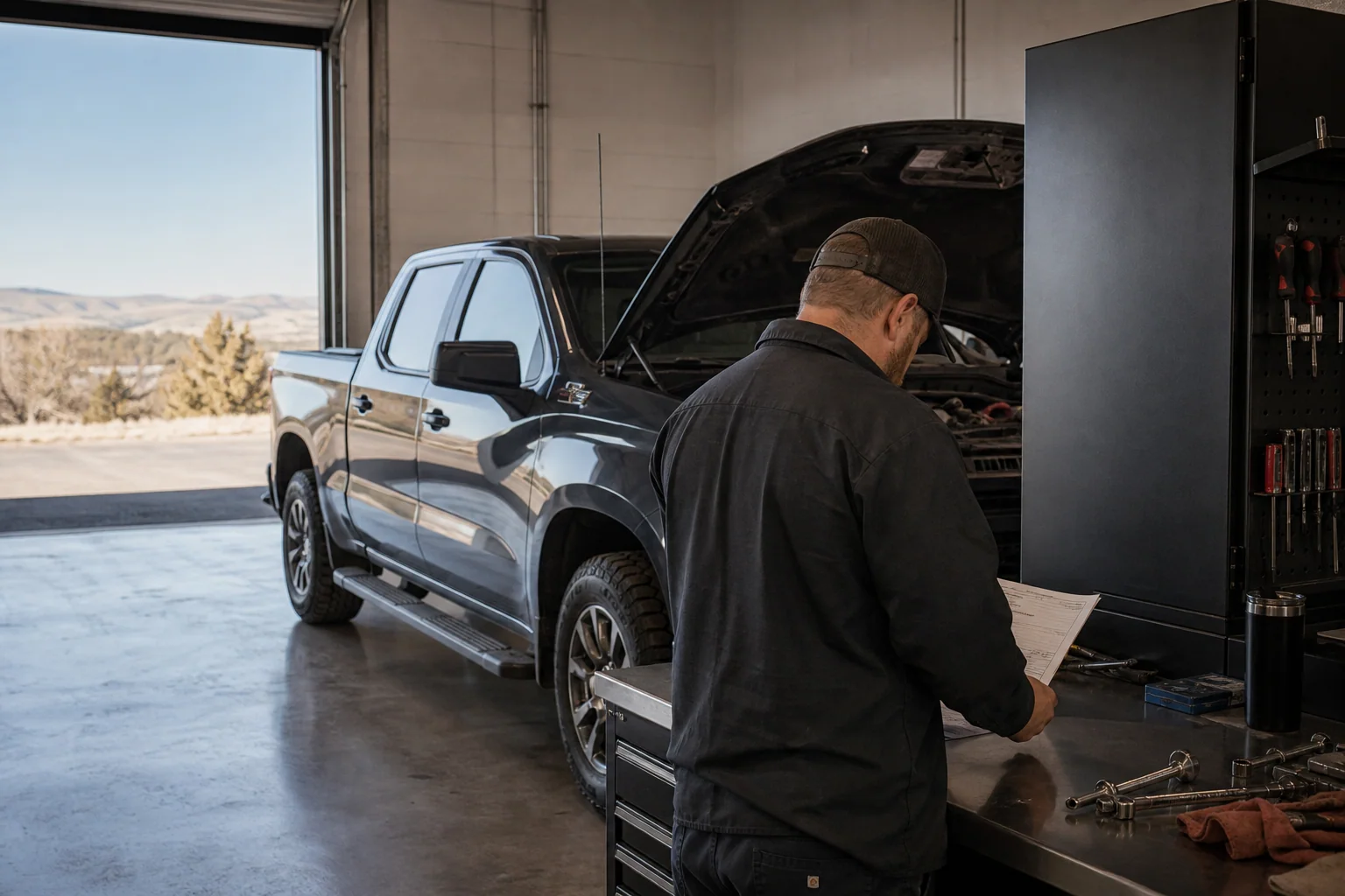 Representative owner-operated repair-shop scene with a technician reviewing a work order beside a pickup