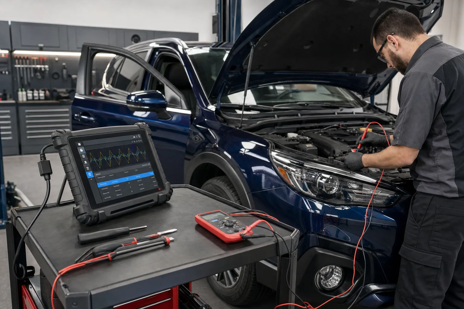 Representative technician testing a vehicle with a professional diagnostic tablet and electrical equipment
