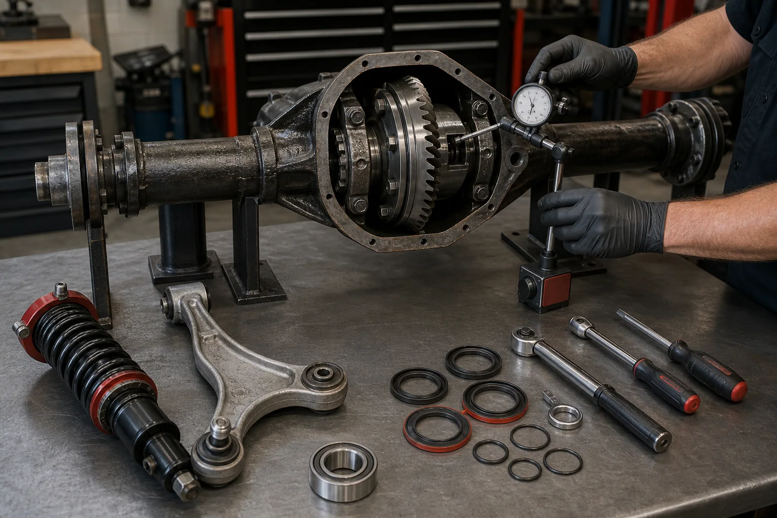 Representative differential, suspension, and measurement tools arranged for drivetrain inspection