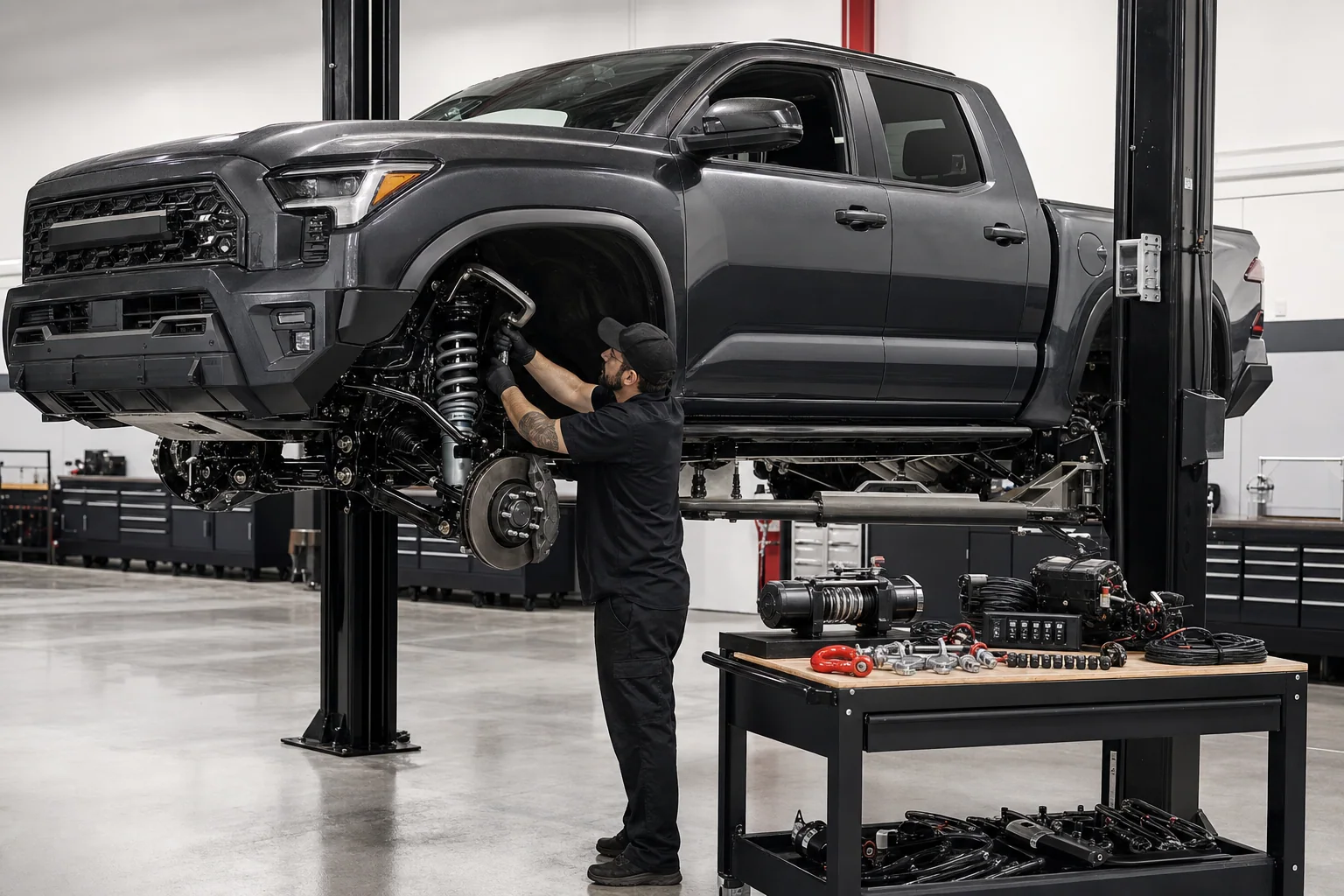 Representative off-road truck with suspension, recovery, and electrical upfitting equipment