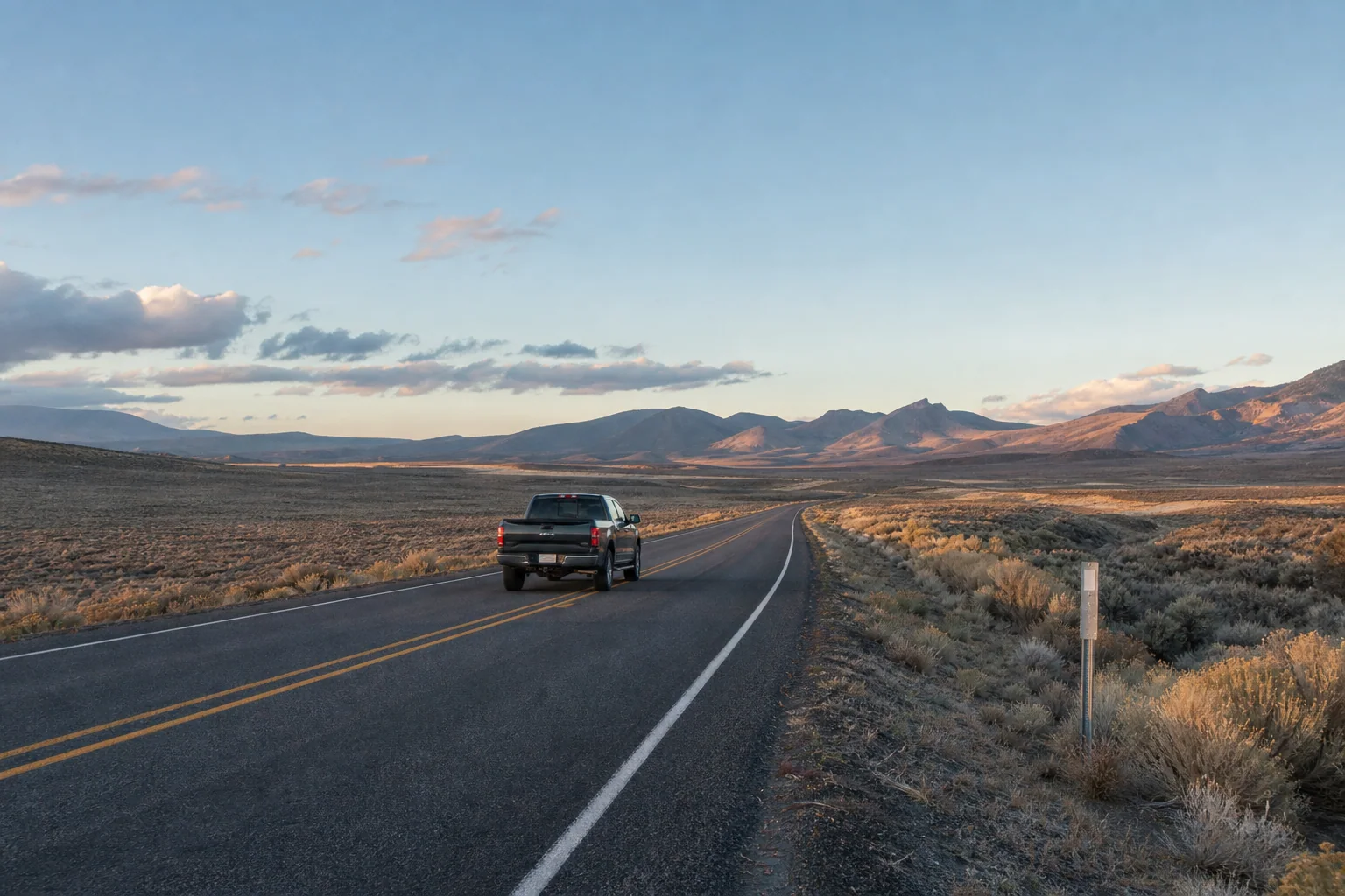 Representative pickup traveling through the Oregon high desert near Burns